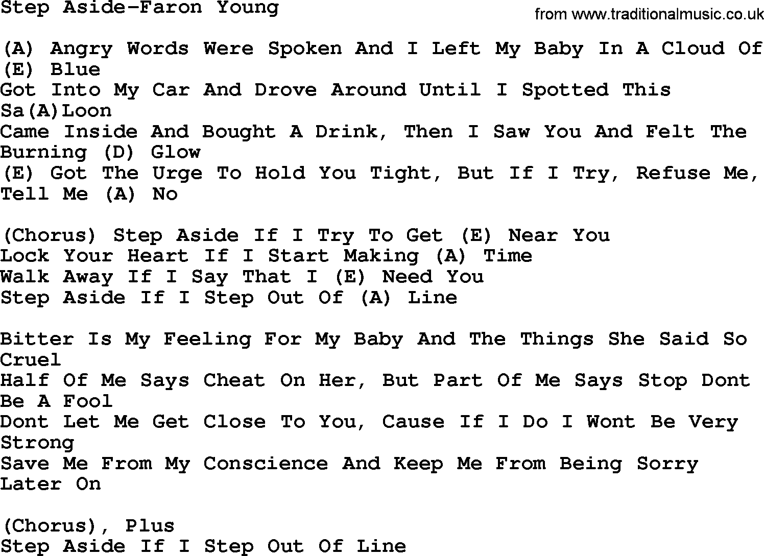 Country music song: Step Aside-Faron Young lyrics and chords