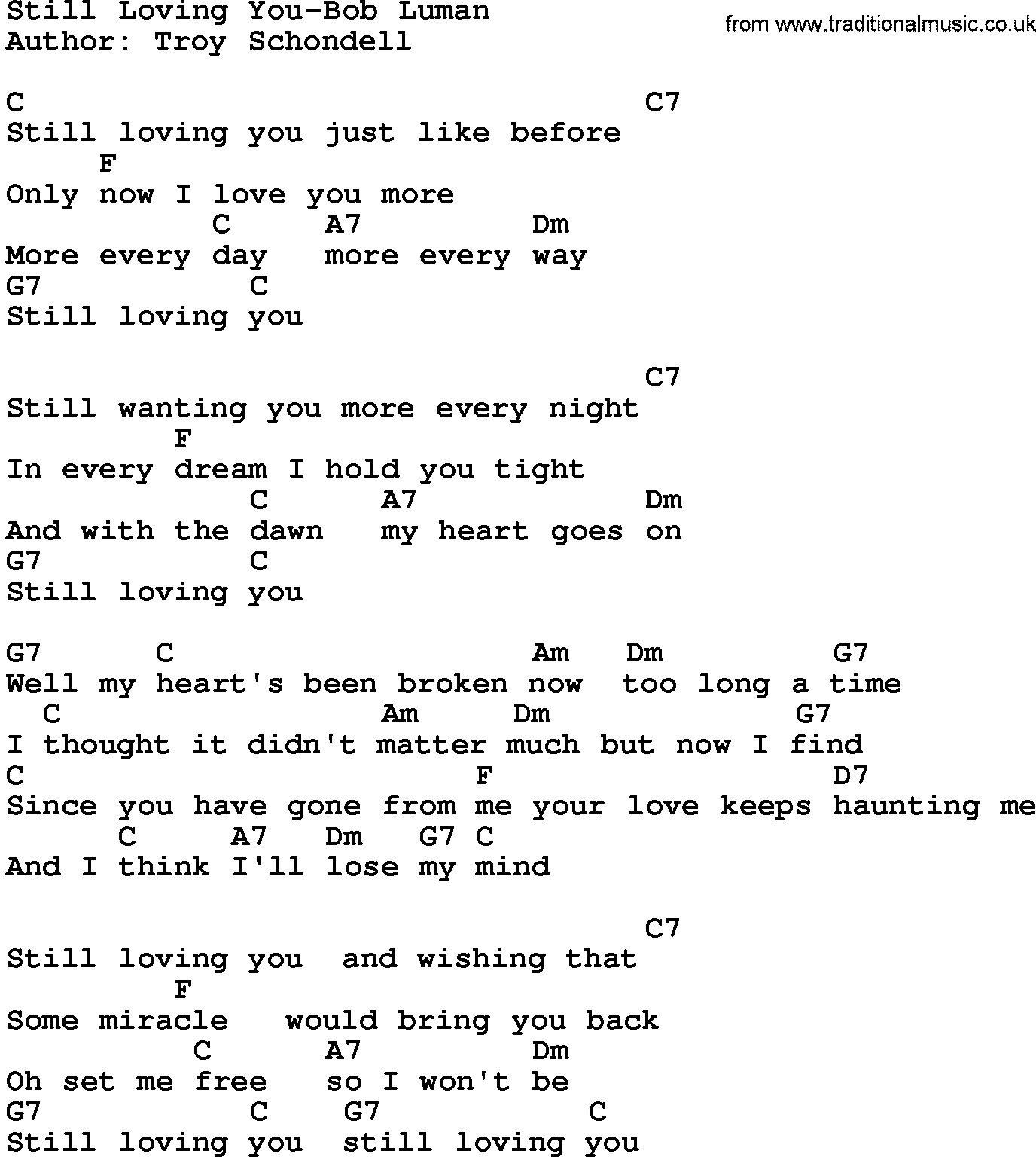 Country music song: Still Loving You-Bob Luman lyrics and chords