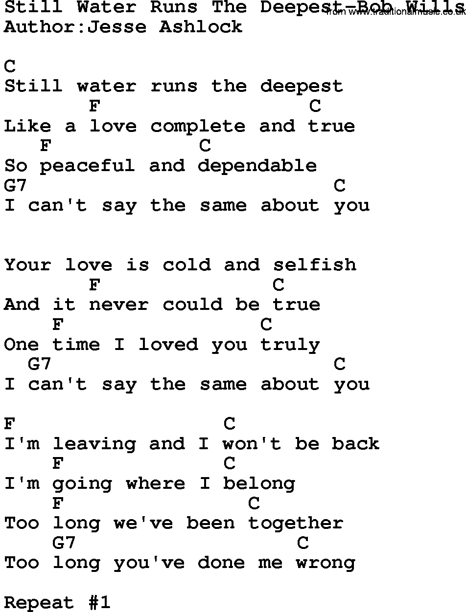 Country music song: Still Water Runs The Deepest-Bob Wills lyrics and chords