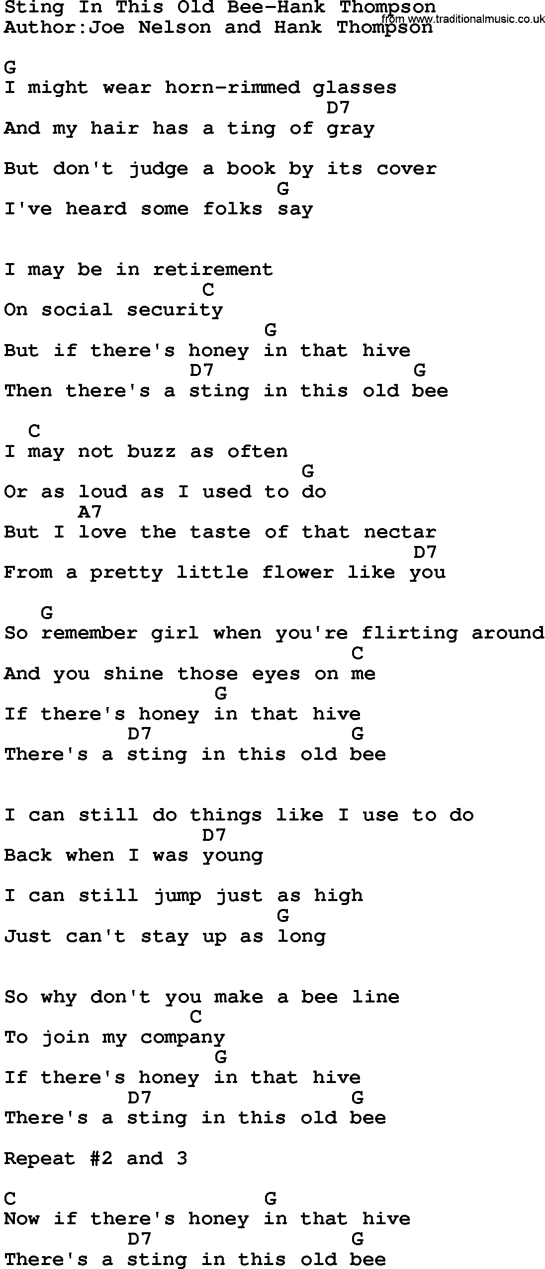 Country music song: Sting In This Old Bee-Hank Thompson lyrics and chords