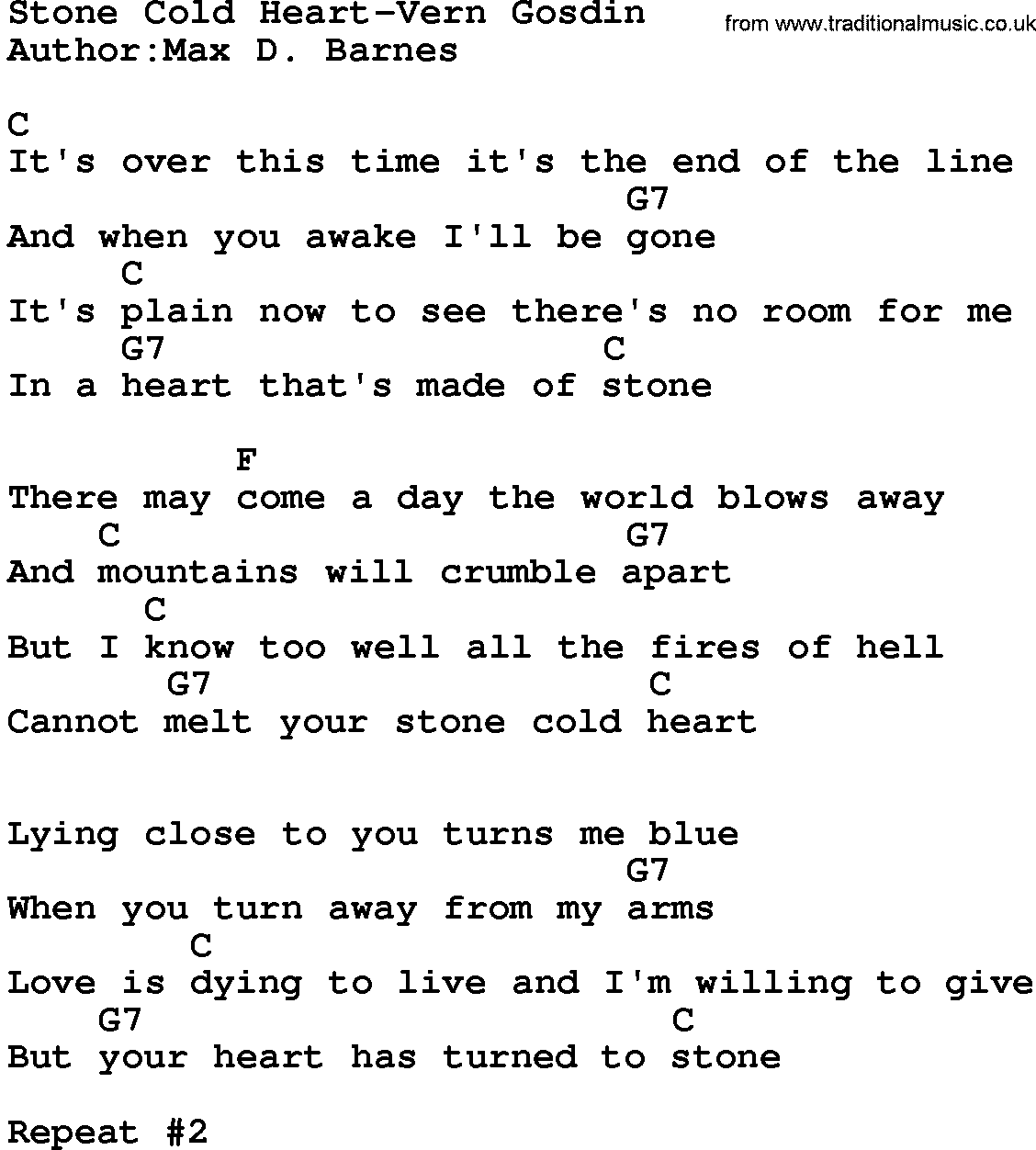 Country music song: Stone Cold Heart-Vern Gosdin lyrics and chords