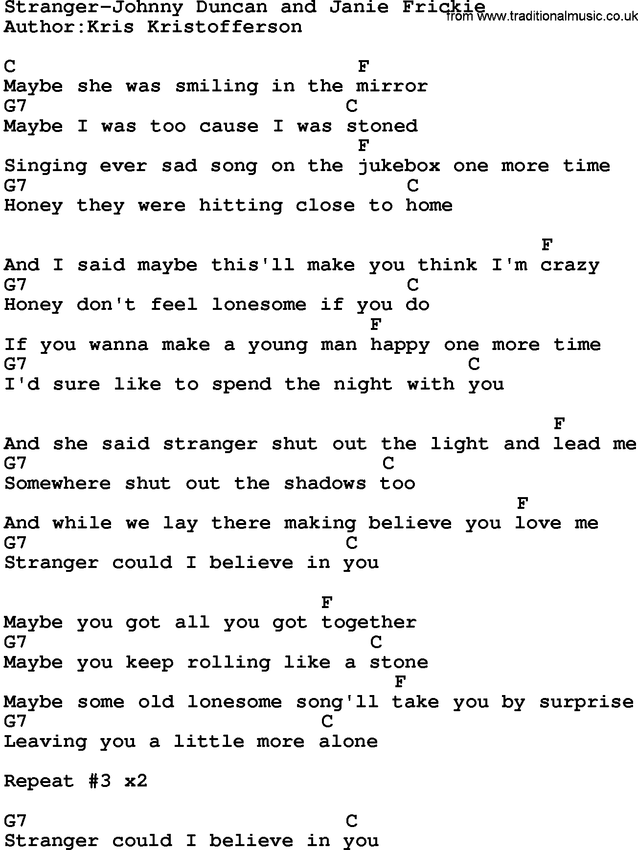 Country music song: Stranger-Johnny Duncan And Janie Frickie lyrics and chords