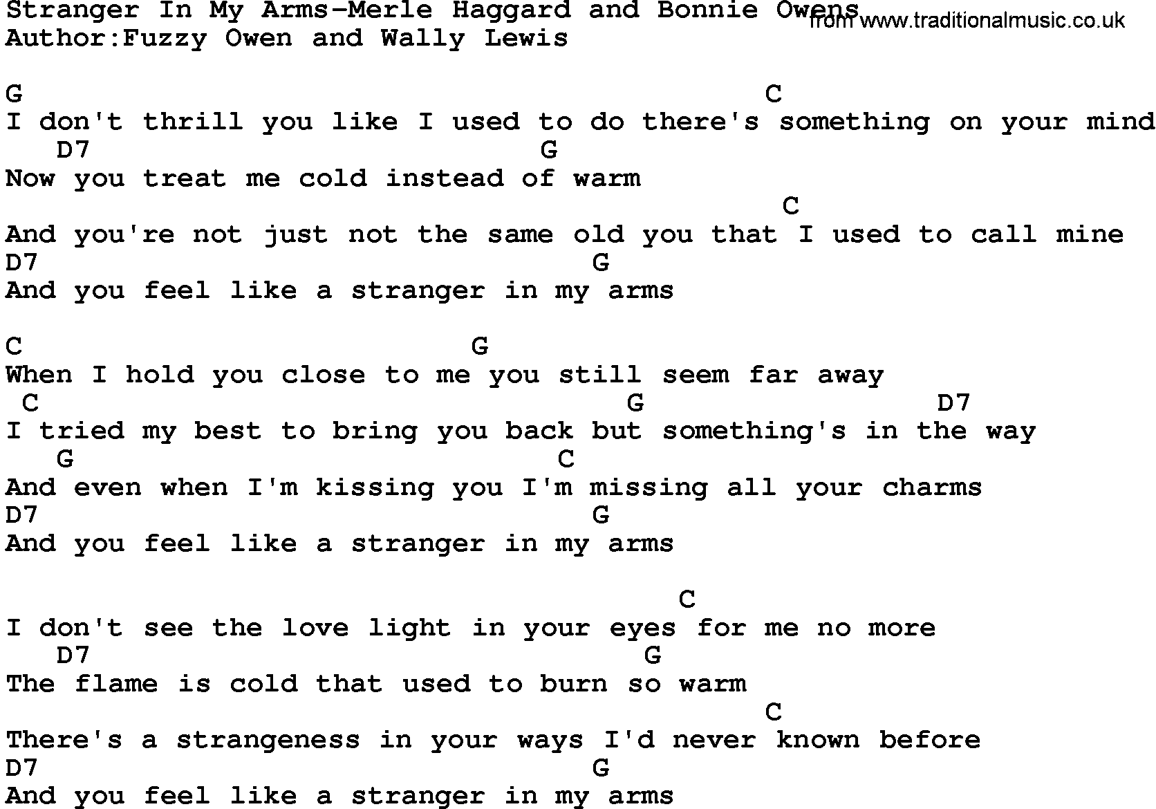 Country music song: Stranger In My Arms-Merle Haggard And Bonnie Owens lyrics and chords