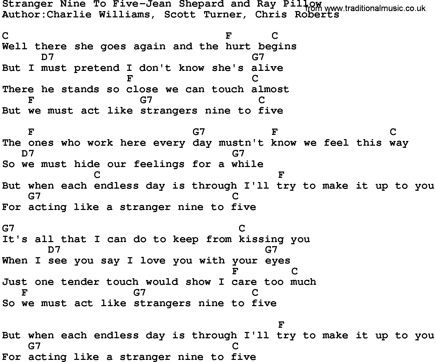 Country music song: Stranger Nine To Five-Jean Shepard And Ray Pillow lyrics and chords