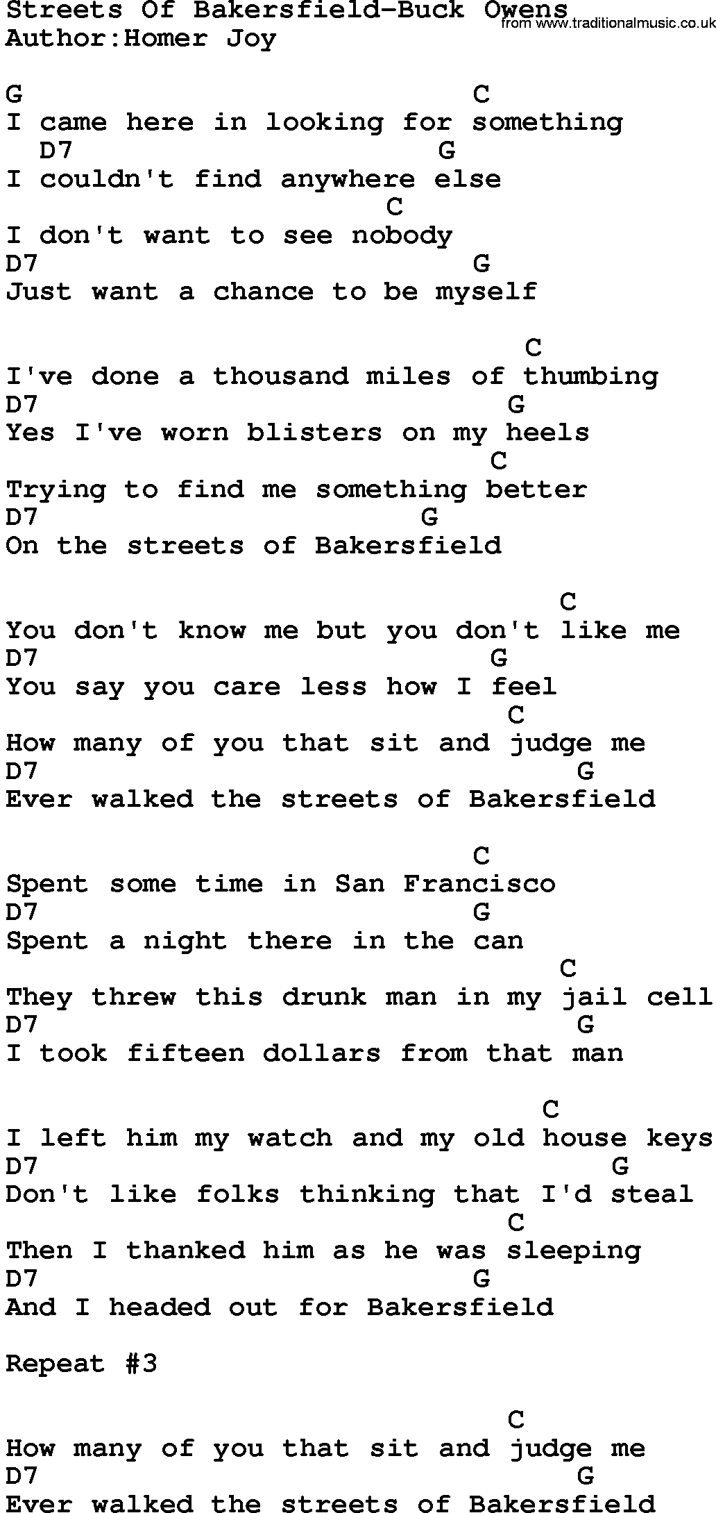 Country music song: Streets Of Bakersfield-Buck Owens lyrics and chords