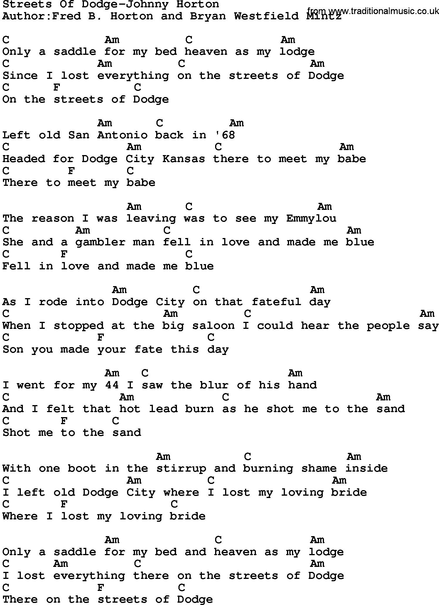 Country music song: Streets Of Dodge-Johnny Horton lyrics and chords