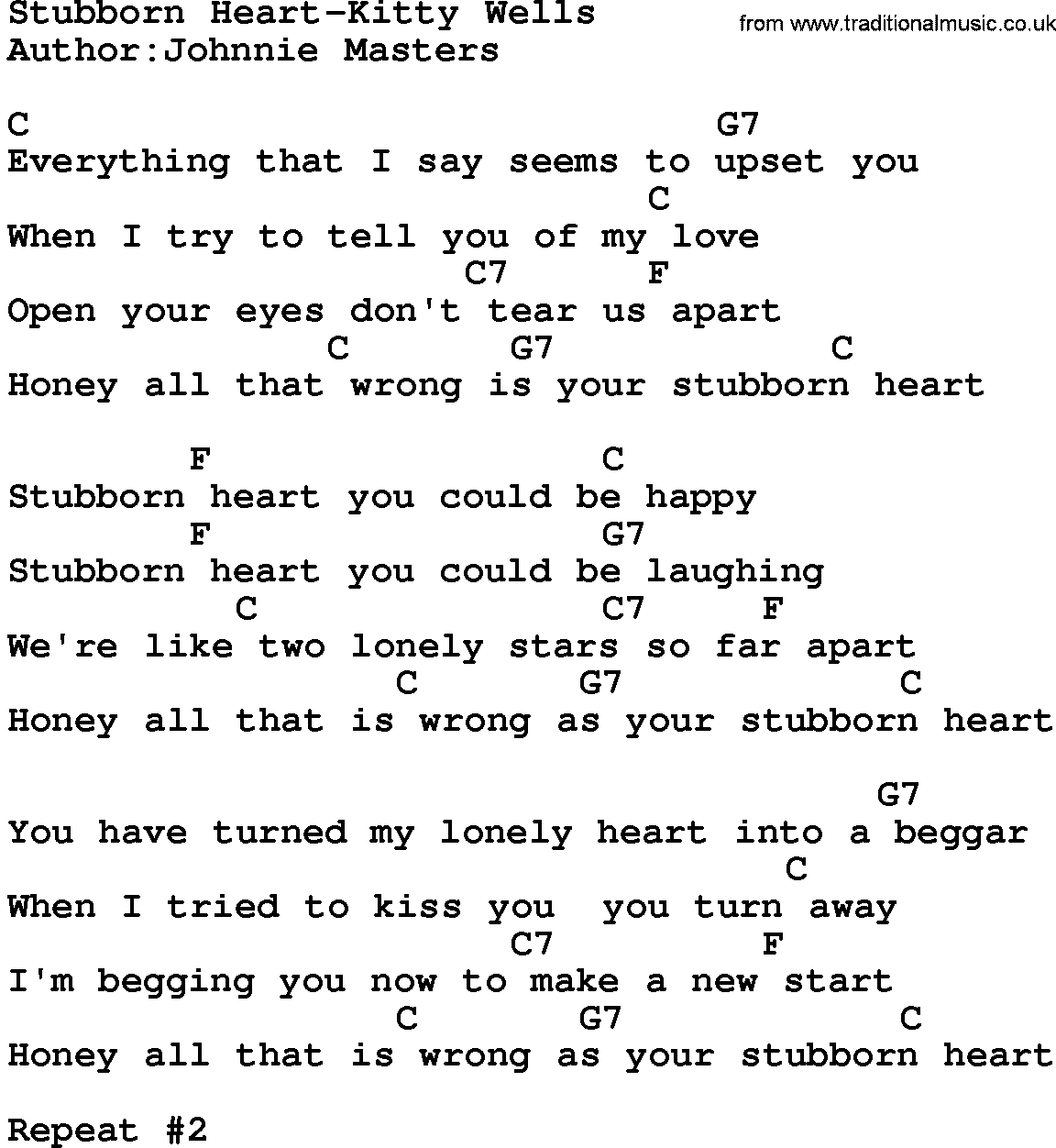 Country music song: Stubborn Heart-Kitty Wells lyrics and chords