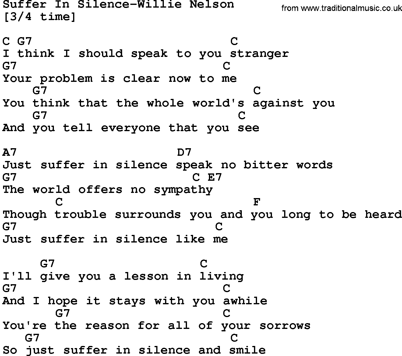 Country music song: Suffer In Silence-Willie Nelson lyrics and chords