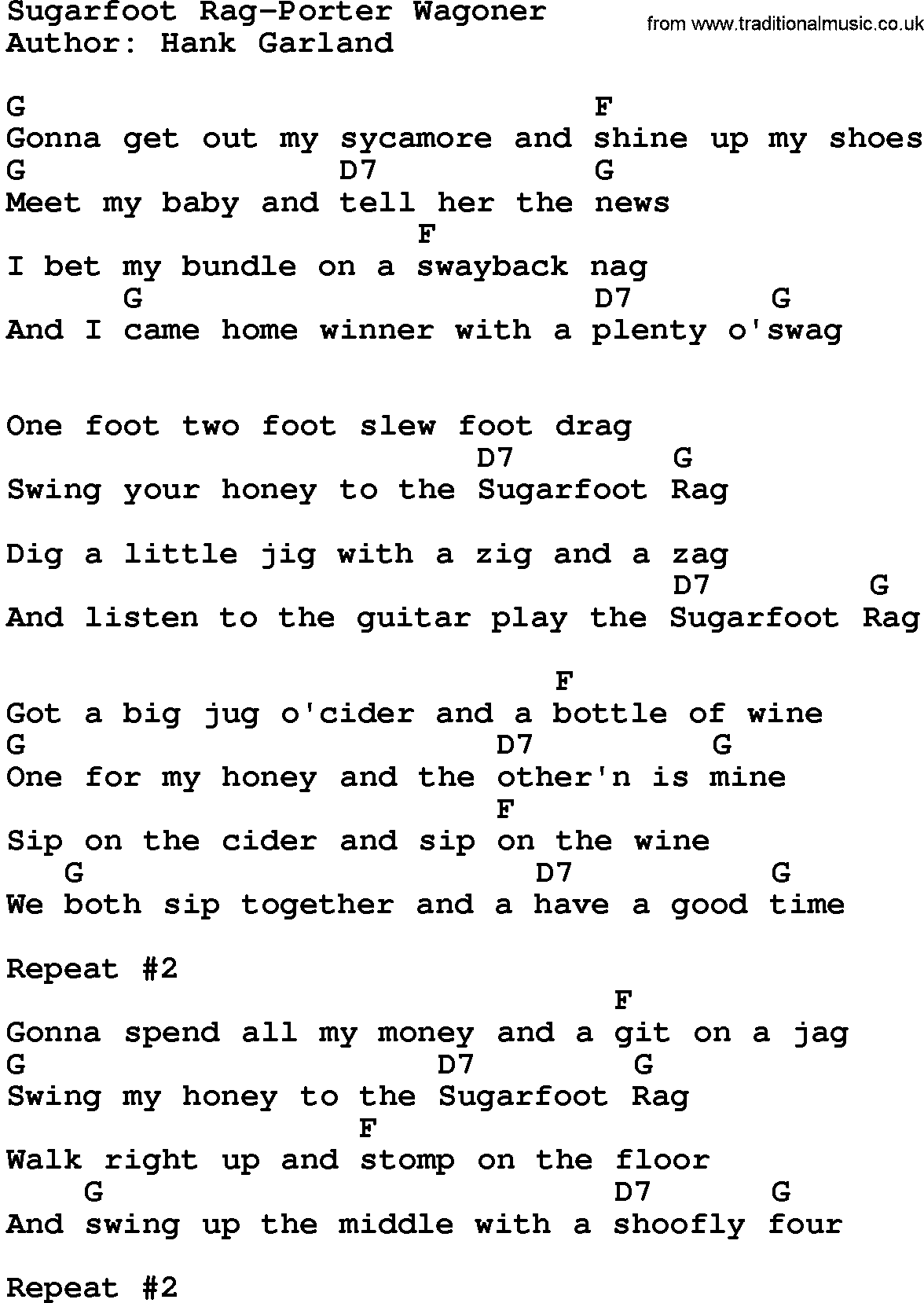 Country music song: Sugarfoot Rag-Porter Wagoner lyrics and chords