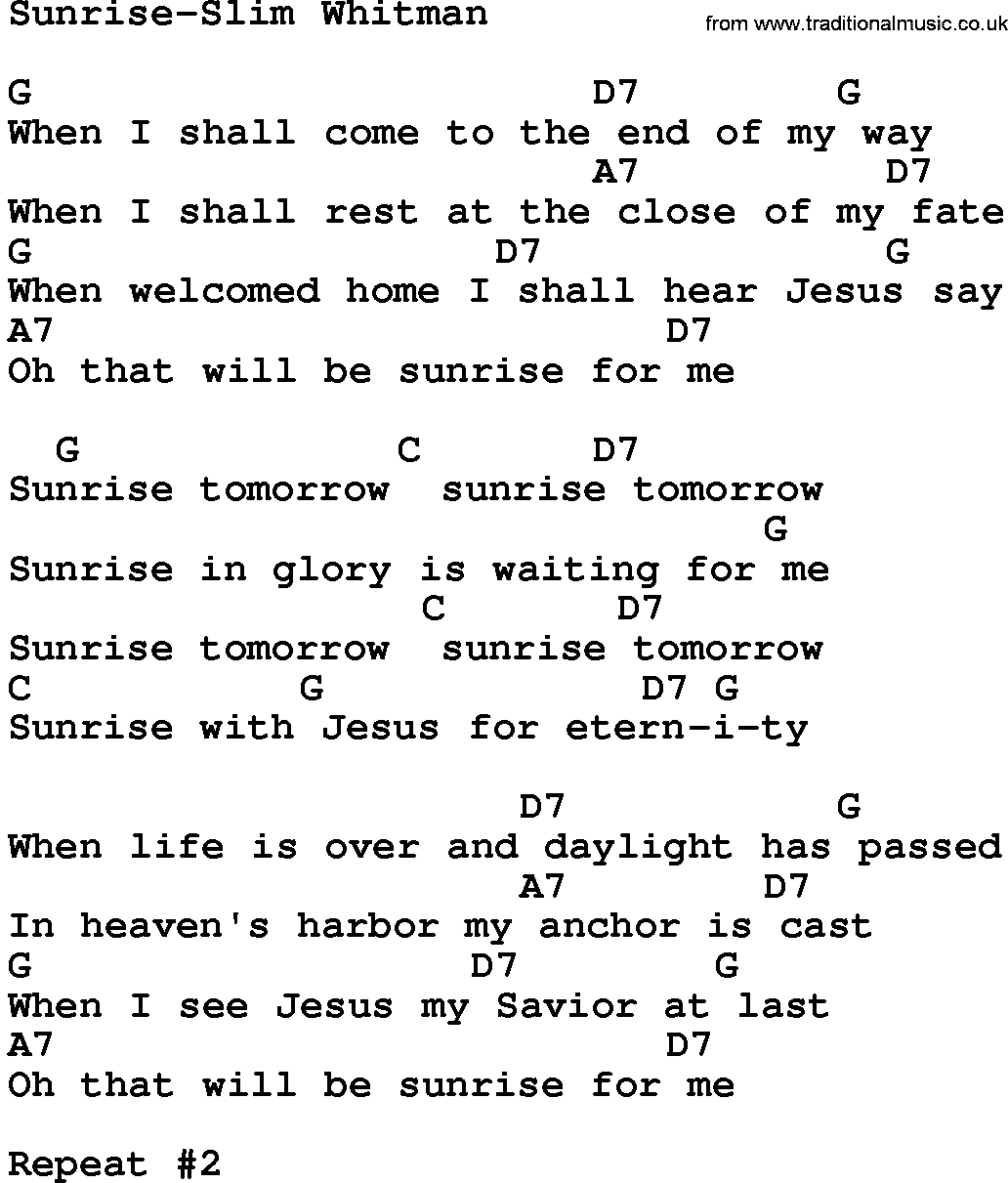 Country music song: Sunrise-Slim Whitman lyrics and chords