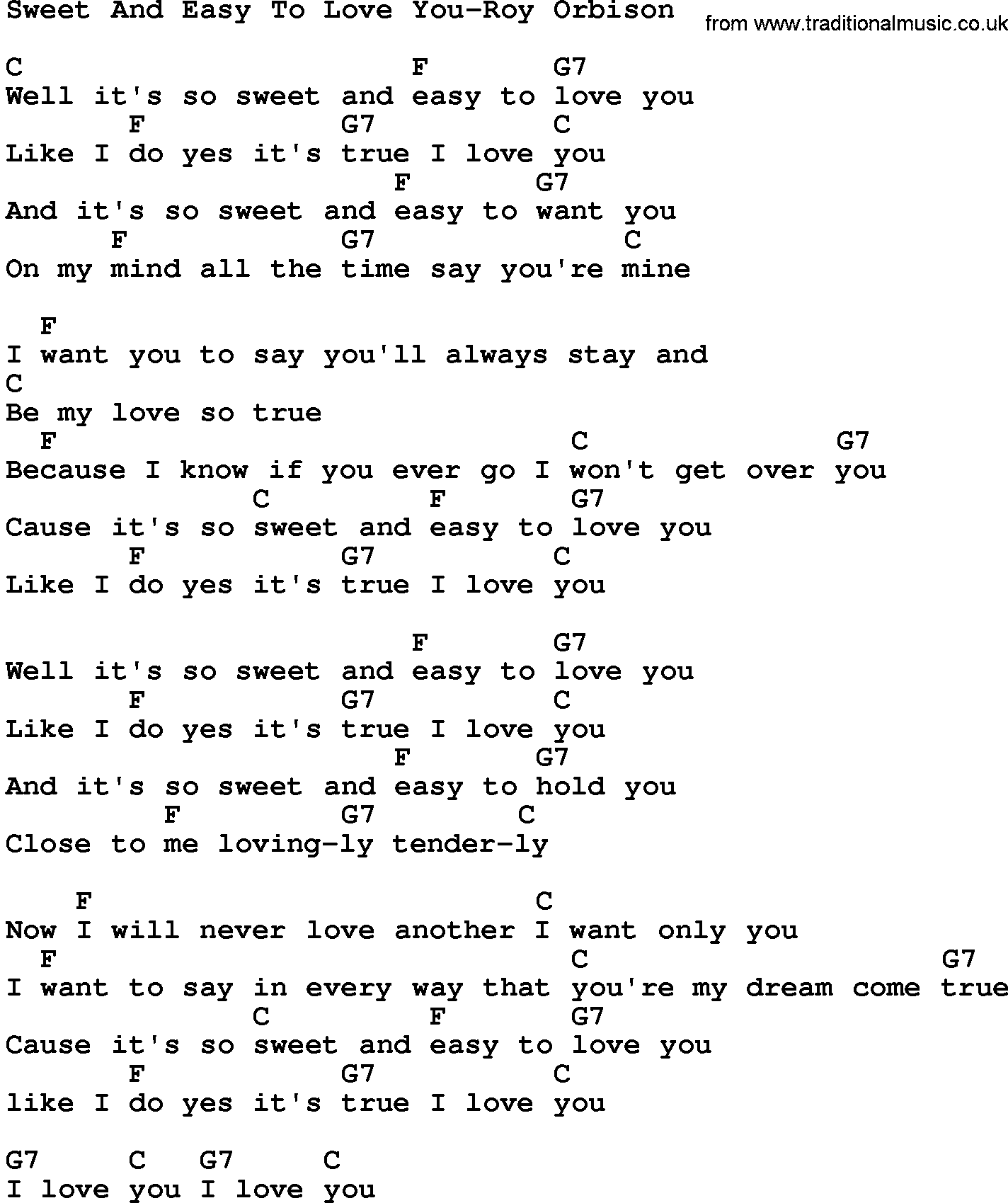 Country music song: Sweet And Easy To Love You-Roy Orbison lyrics and chords