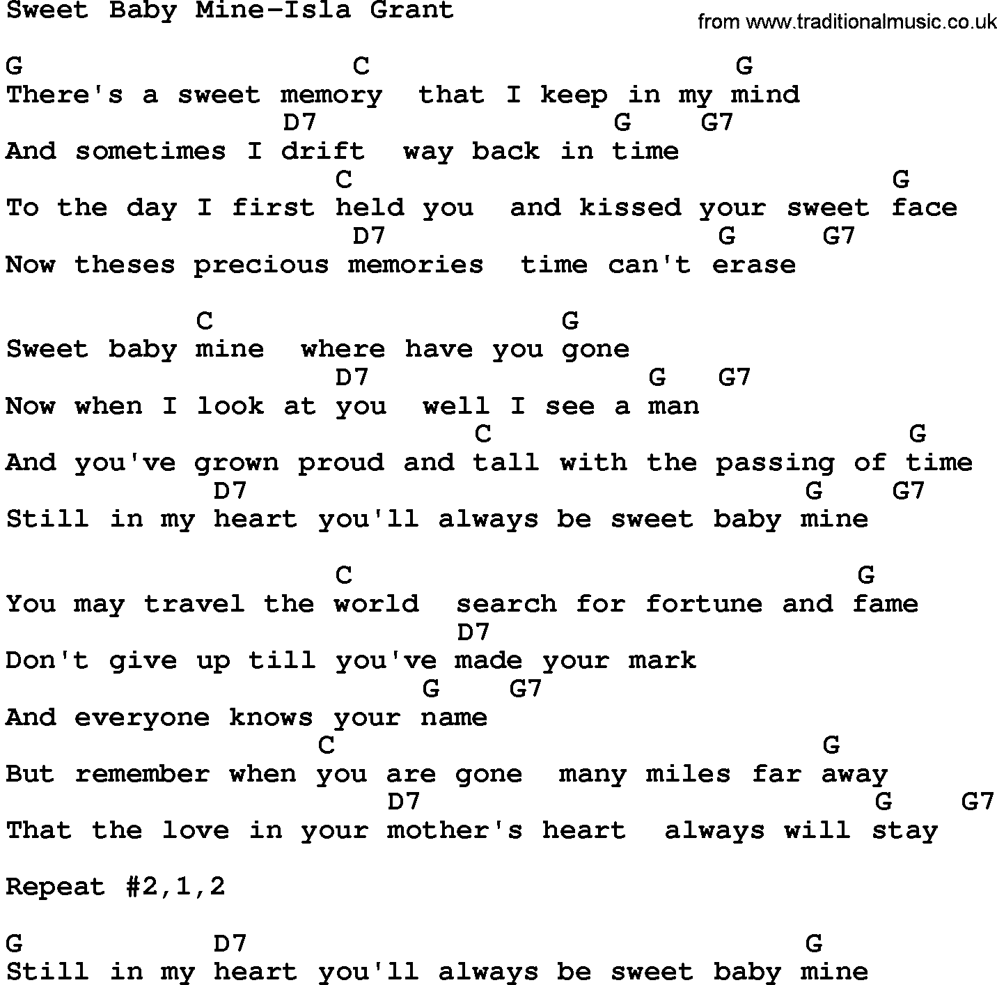 Country music song: Sweet Baby Mine-Isla Grant lyrics and chords