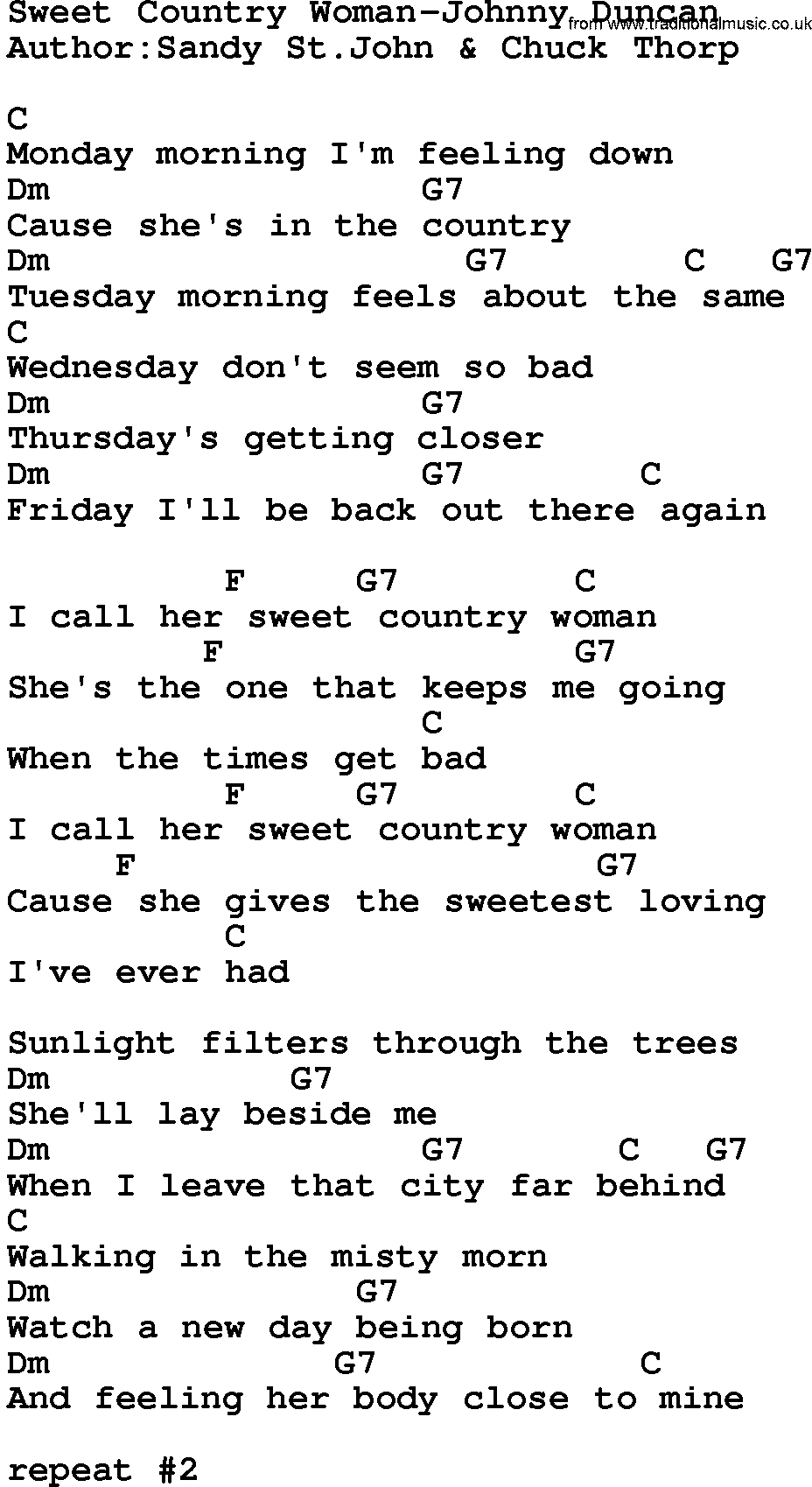 Country music song: Sweet Country Woman-Johnny Duncan lyrics and chords