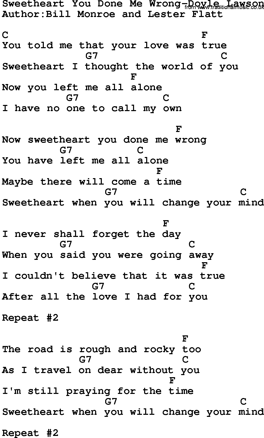 Country music song: Sweetheart You Done Me Wrong-Doyle Lawson lyrics and chords