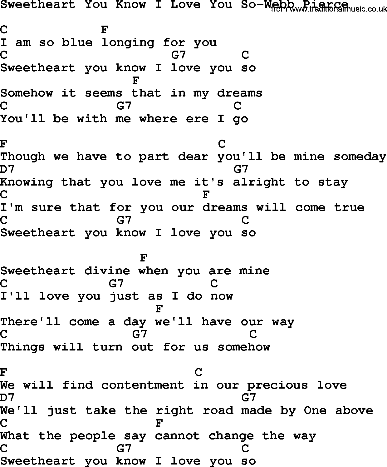 Country music song: Sweetheart You Know I Love You So-Webb Pierce lyrics and chords