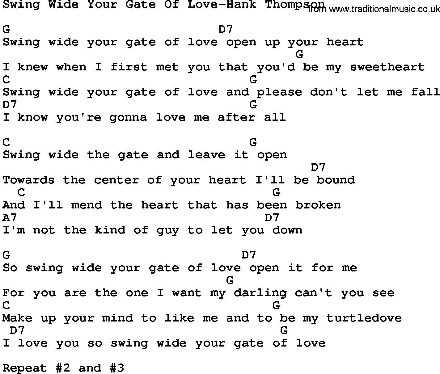 Country music song: Swing Wide Your Gate Of Love-Hank Thompson lyrics and chords