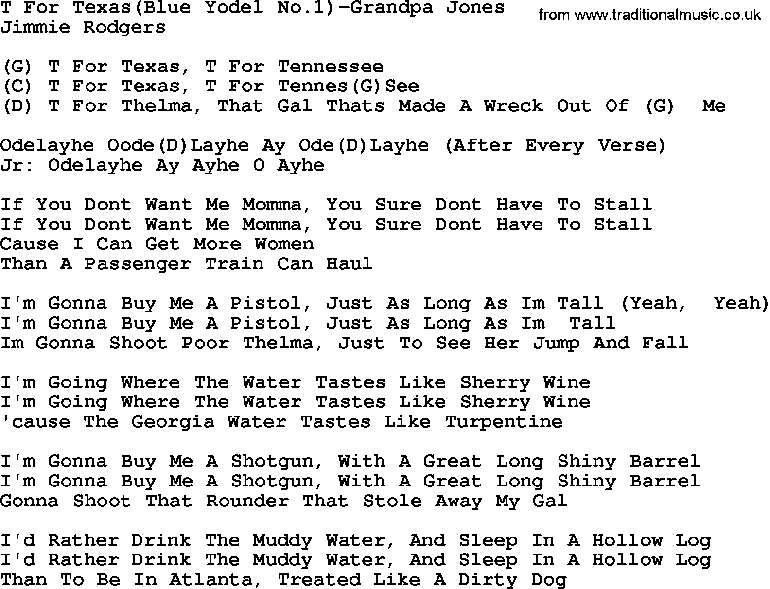 Country music song: T For Texas(Blue Yodel No(1)-Grandpa Jones lyrics and chords