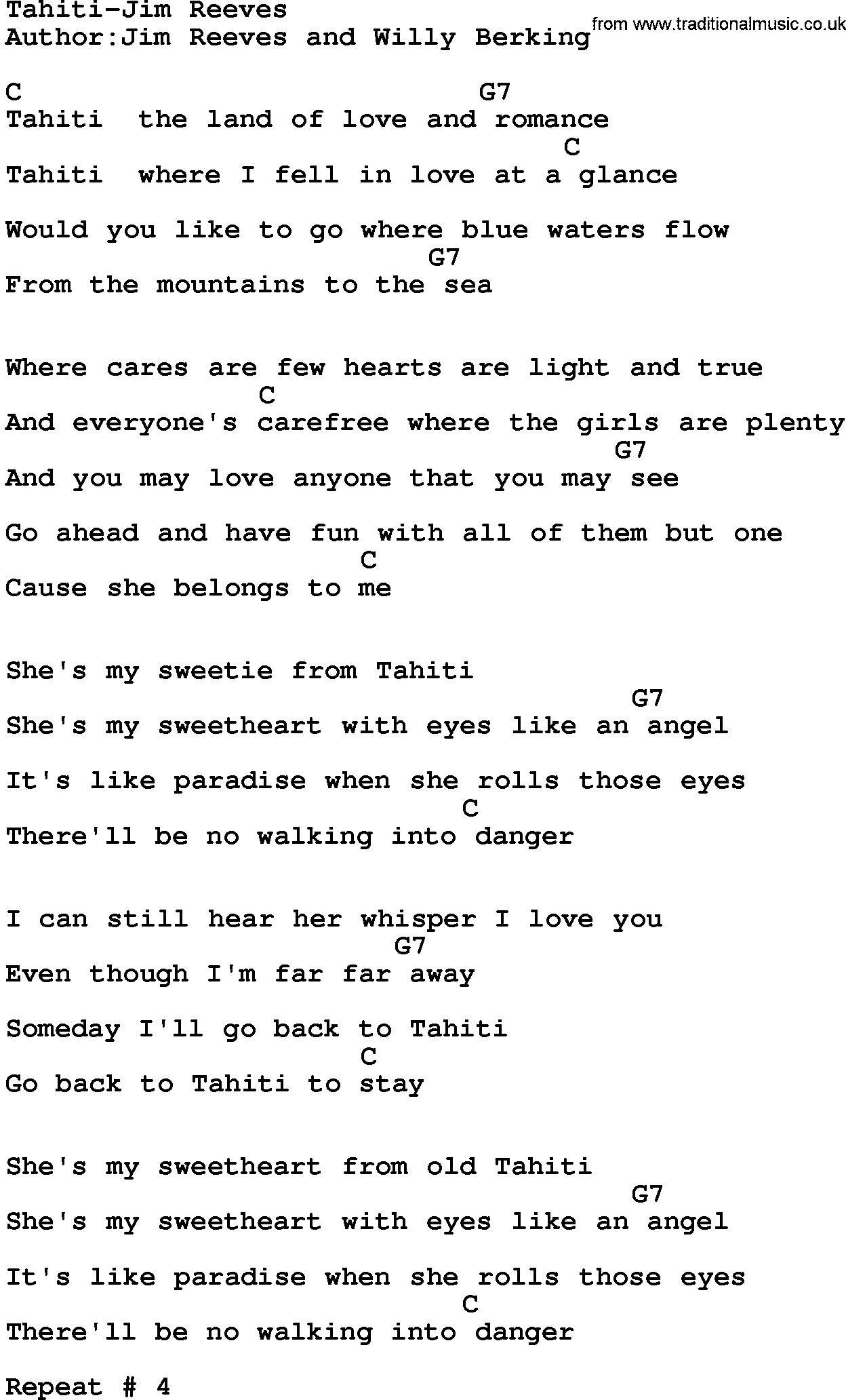 Country music song: Tahiti-Jim Reeves lyrics and chords