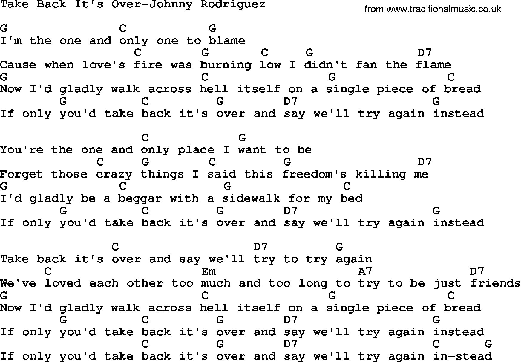 Country music song: Take Back It's Over-Johnny Rodriguez lyrics and chords