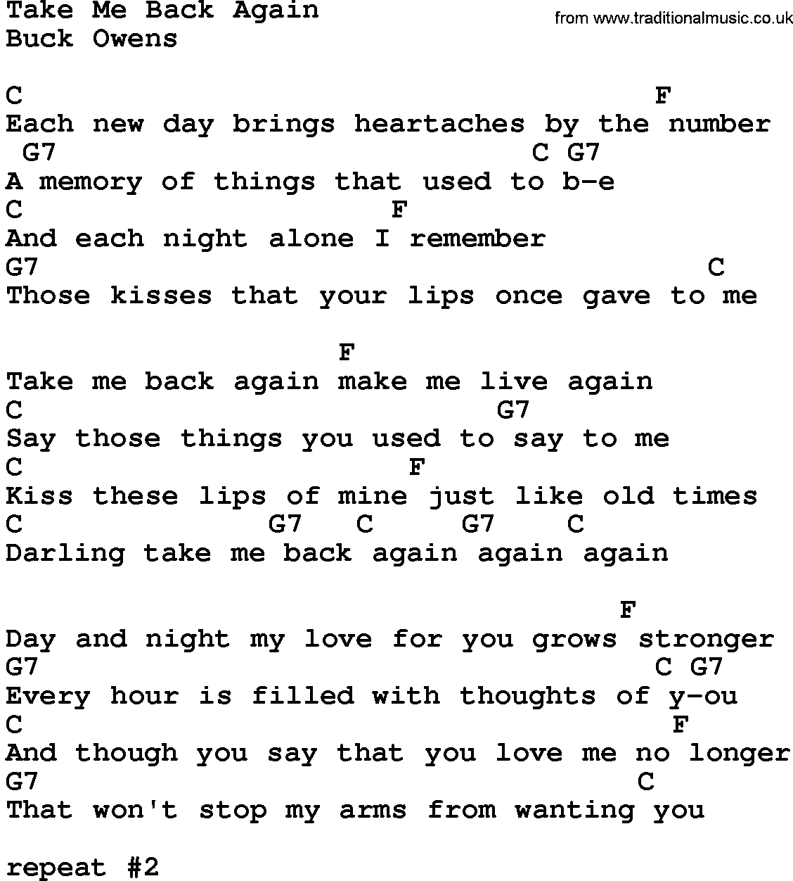 Country music song: Take Me Back Again lyrics and chords