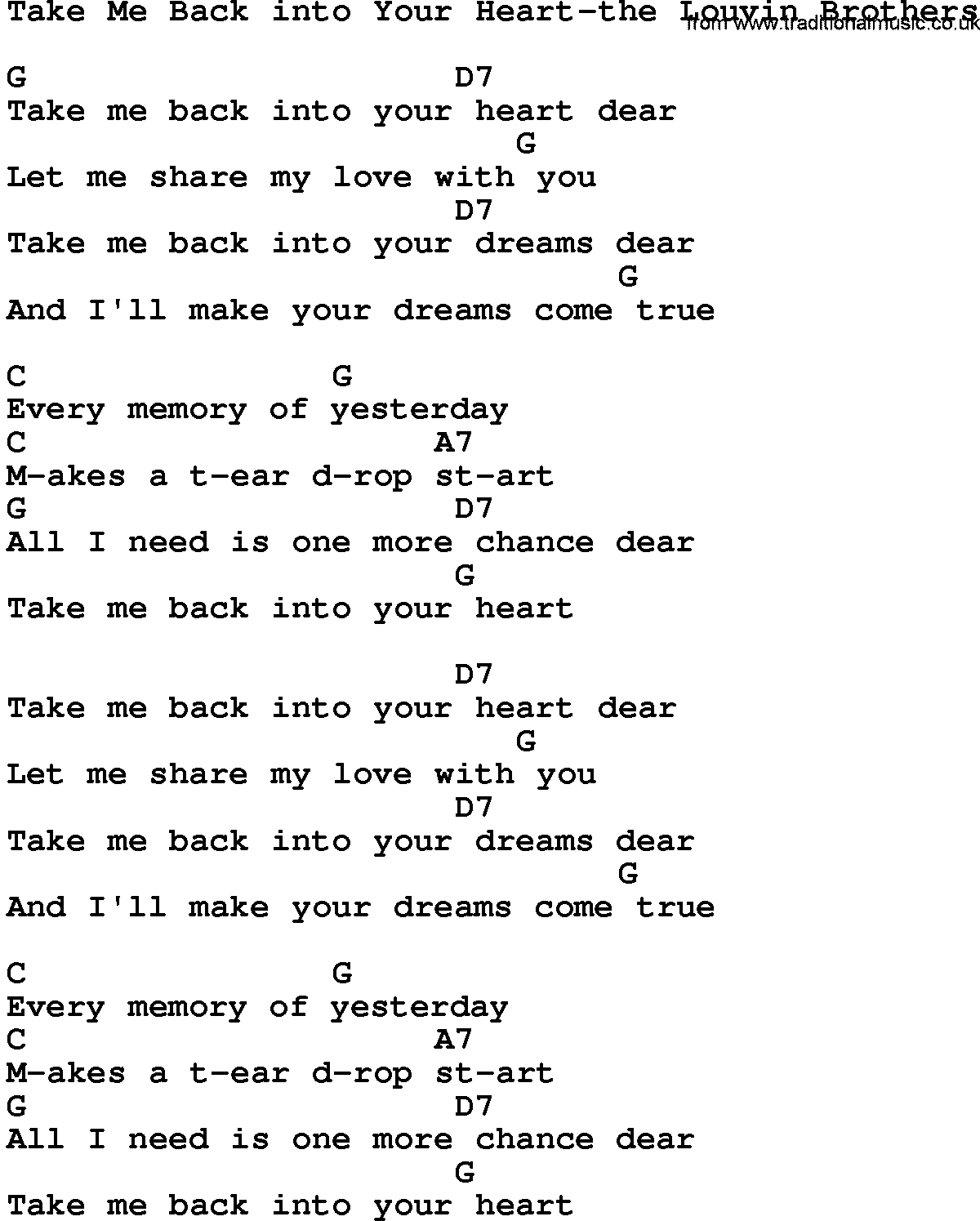 Country music song: Take Me Back Into Your Heart-The Louvin Brothers lyrics and chords