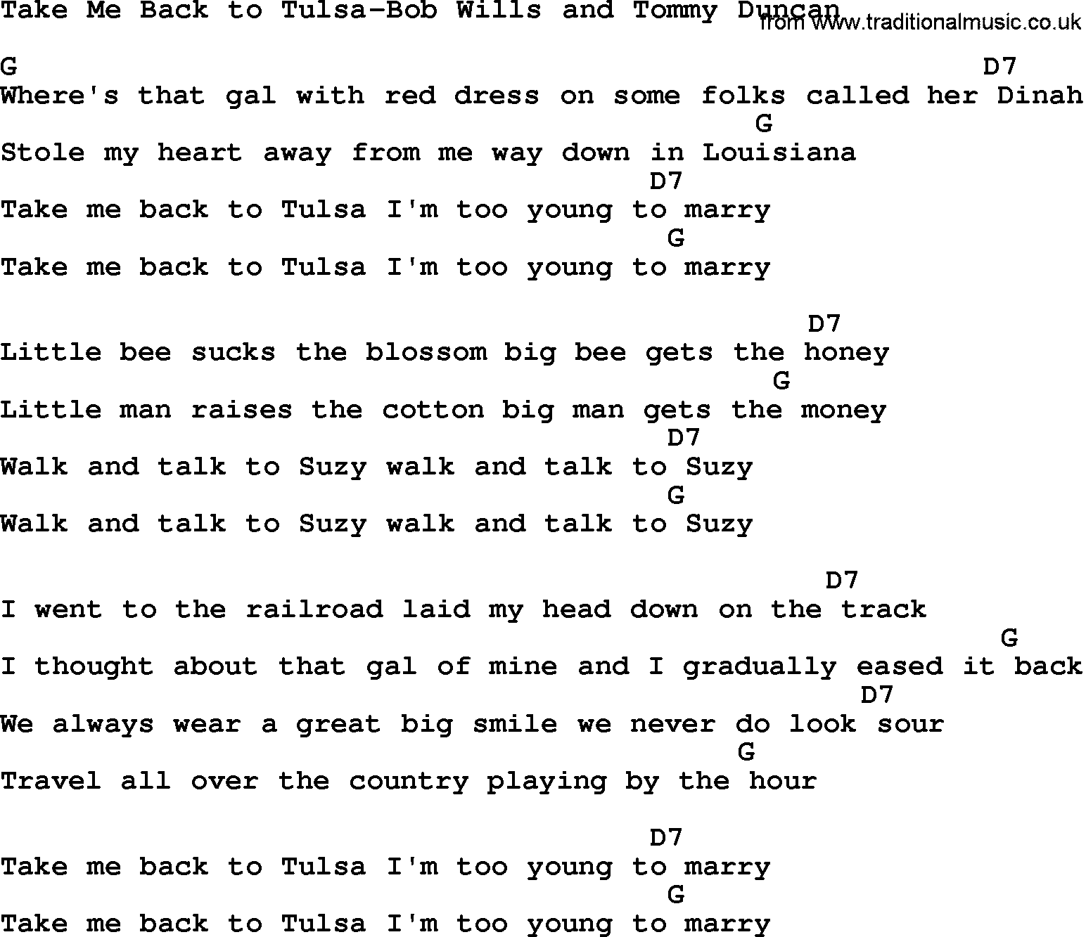 Country music song: Take Me Back To Tulsa-Bob Wills And Tommy Duncan lyrics and chords
