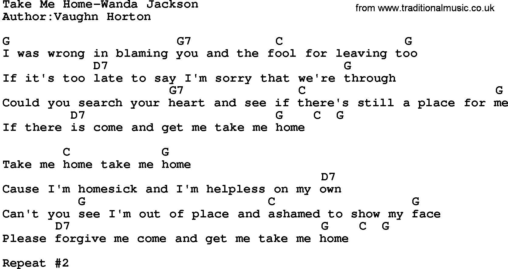 Country music song: Take Me Home-Wanda Jackson lyrics and chords