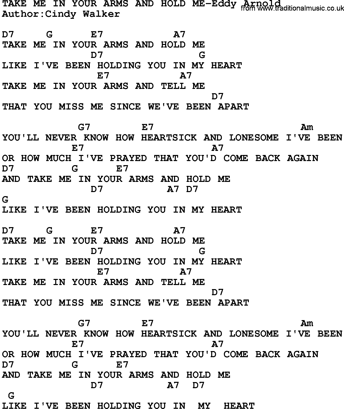 Country music song: Take Me In Your Arms And Hold Me-Eddy Arnold lyrics and chords