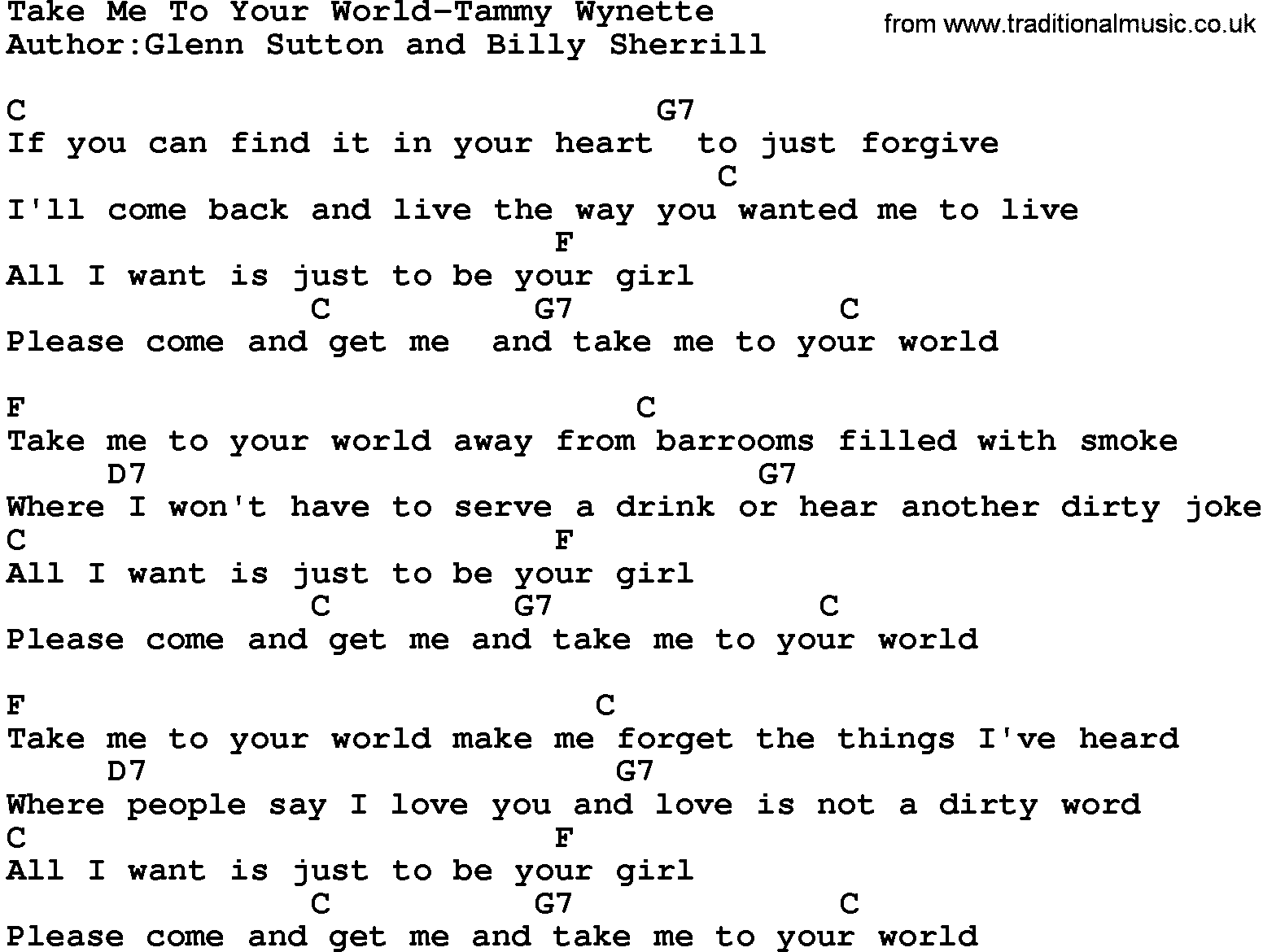 Country music song: Take Me To Your World-Tammy Wynette lyrics and chords