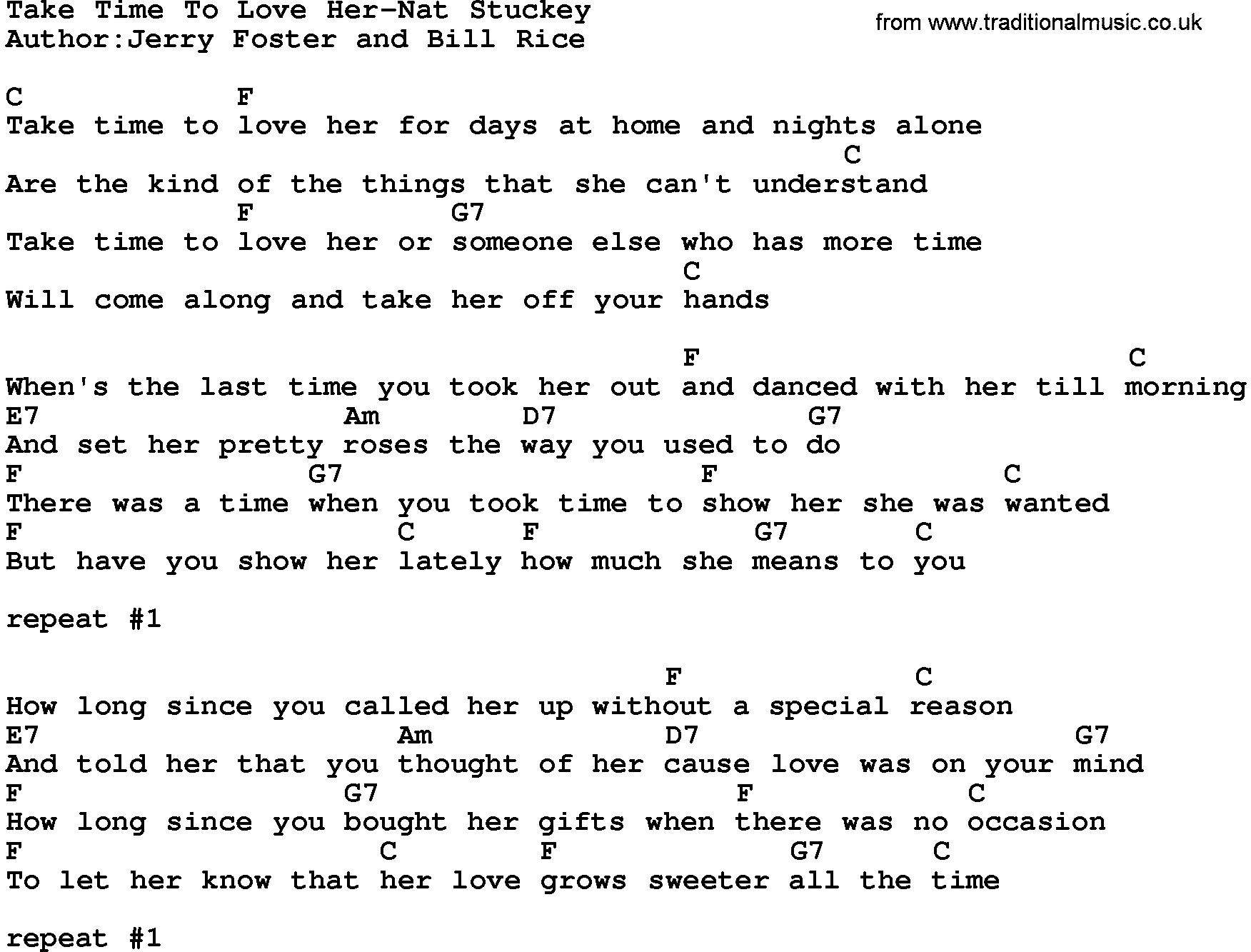 Country music song: Take Time To Love Her-Nat Stuckey lyrics and chords