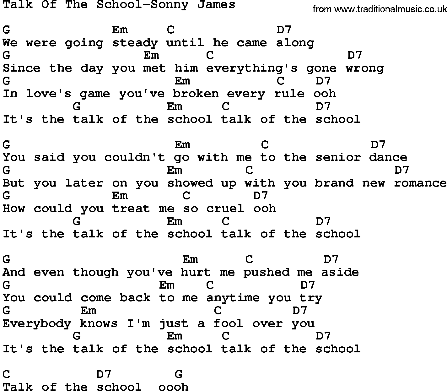 Country music song: Talk Of The School-Sonny James lyrics and chords