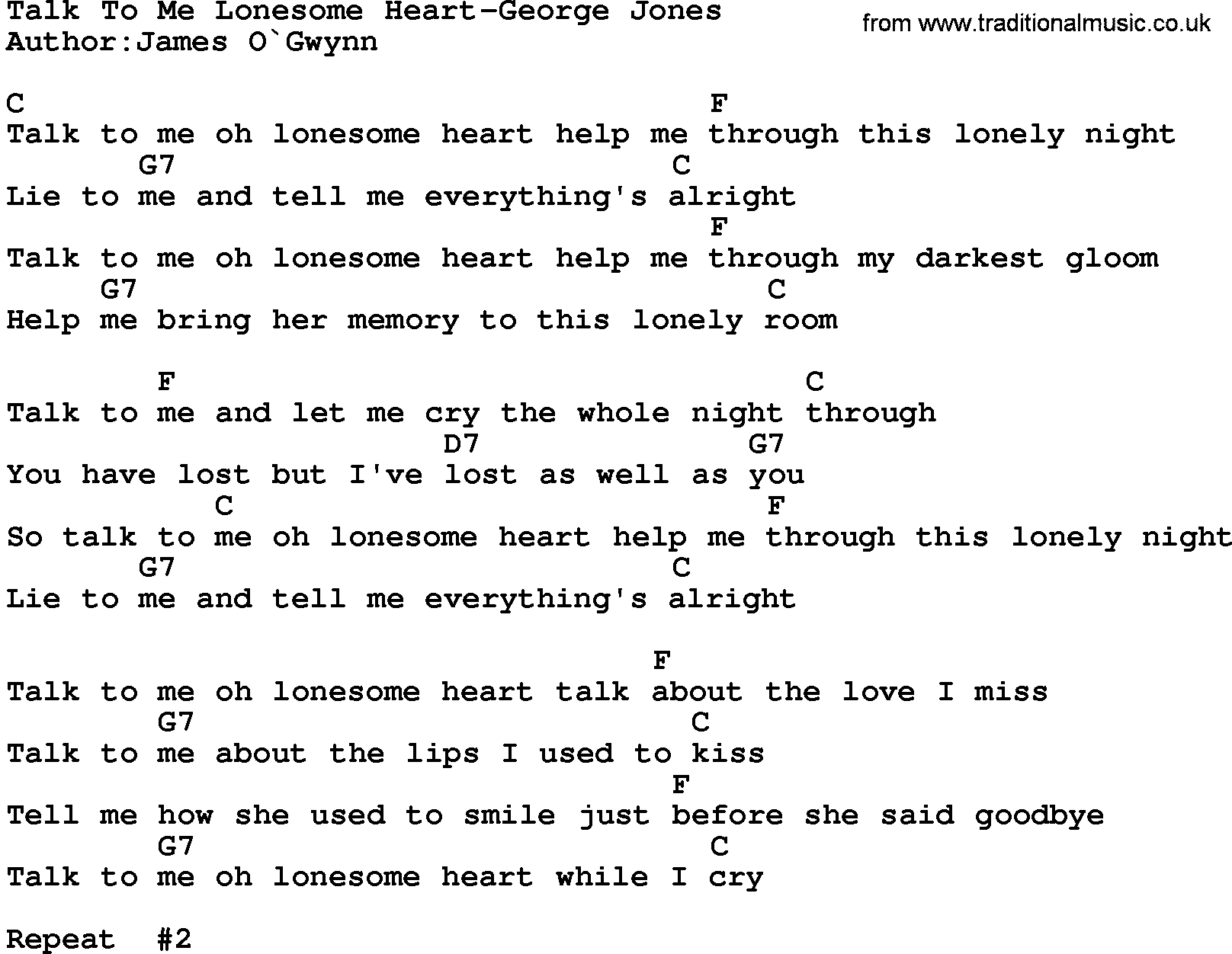 Country music song: Talk To Me Lonesome Heart-George Jones lyrics and chords