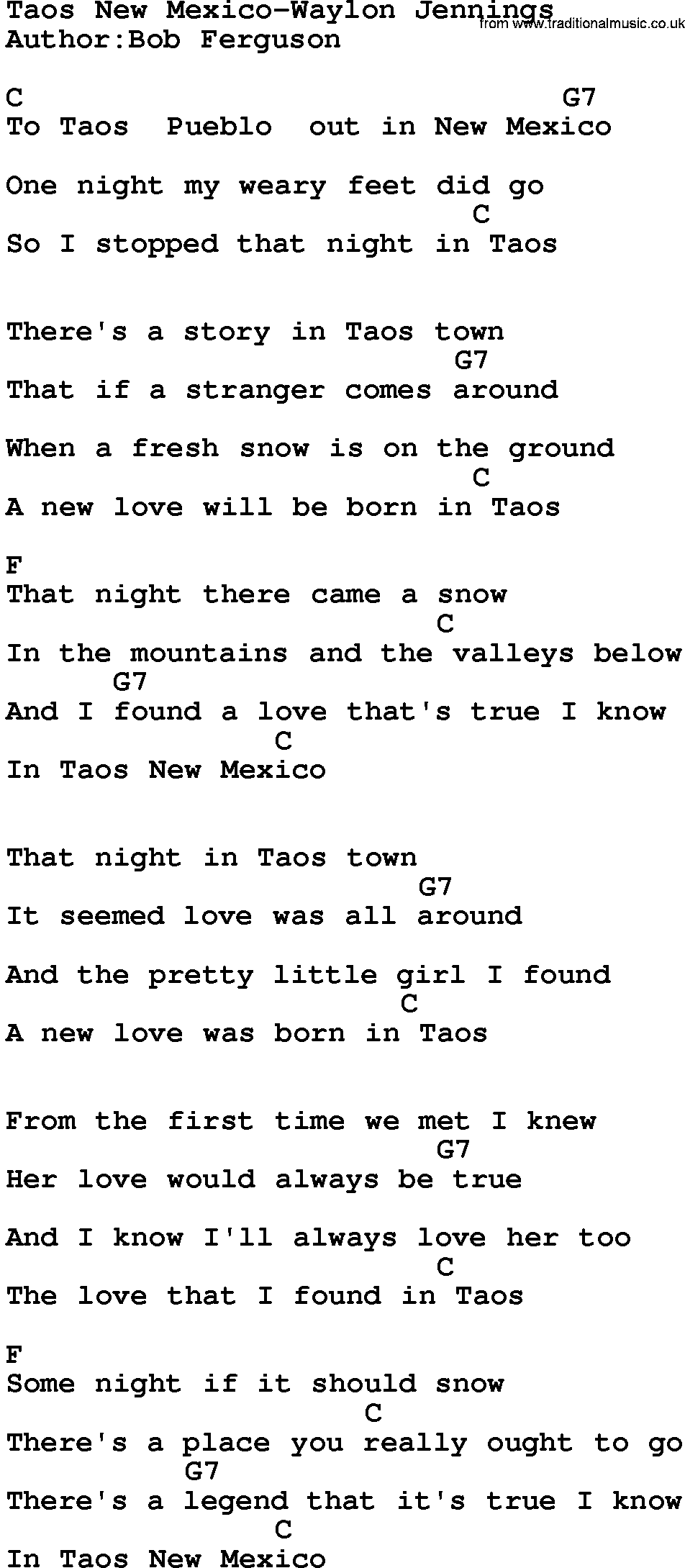 Country music song: Taos New Mexico-Waylon Jennings lyrics and chords