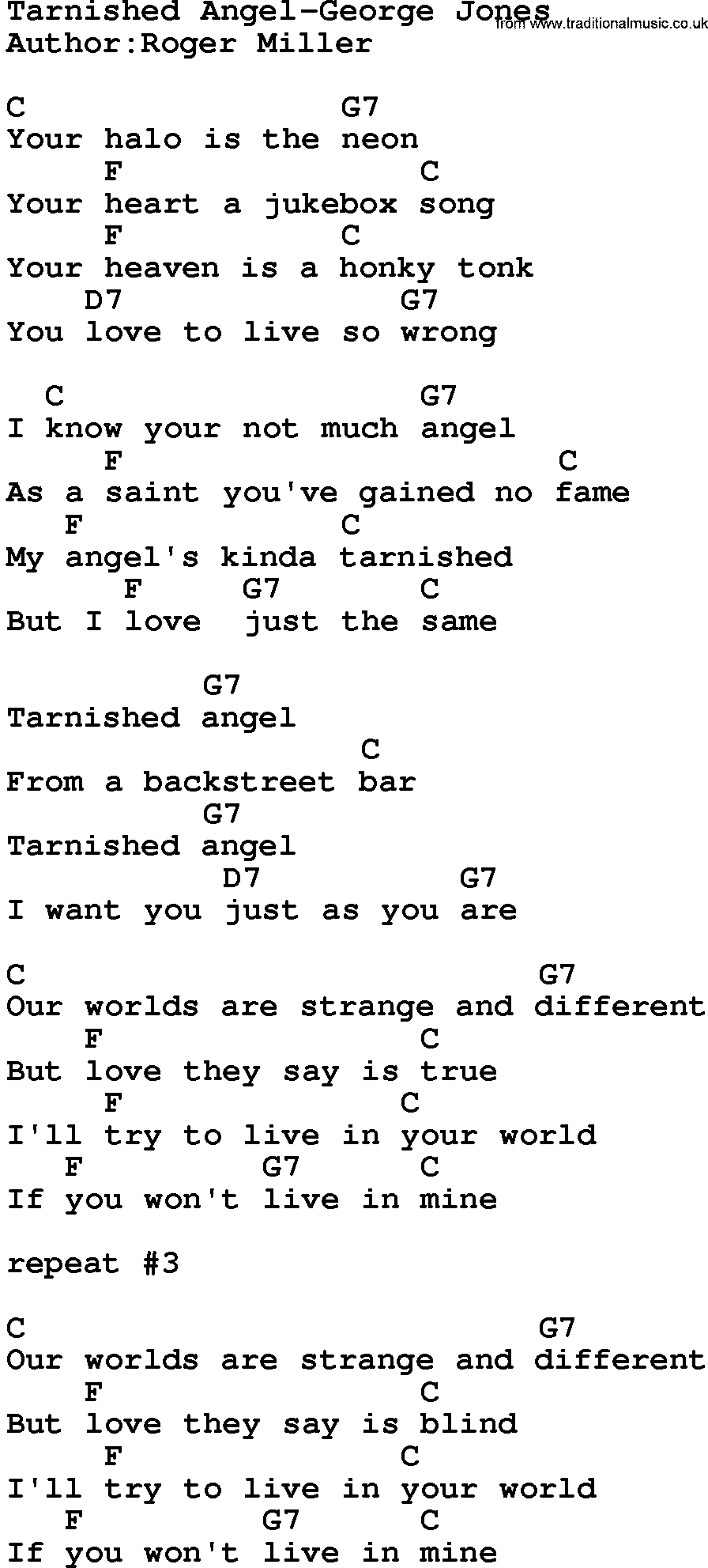 Country music song: Tarnished Angel-George Jones lyrics and chords