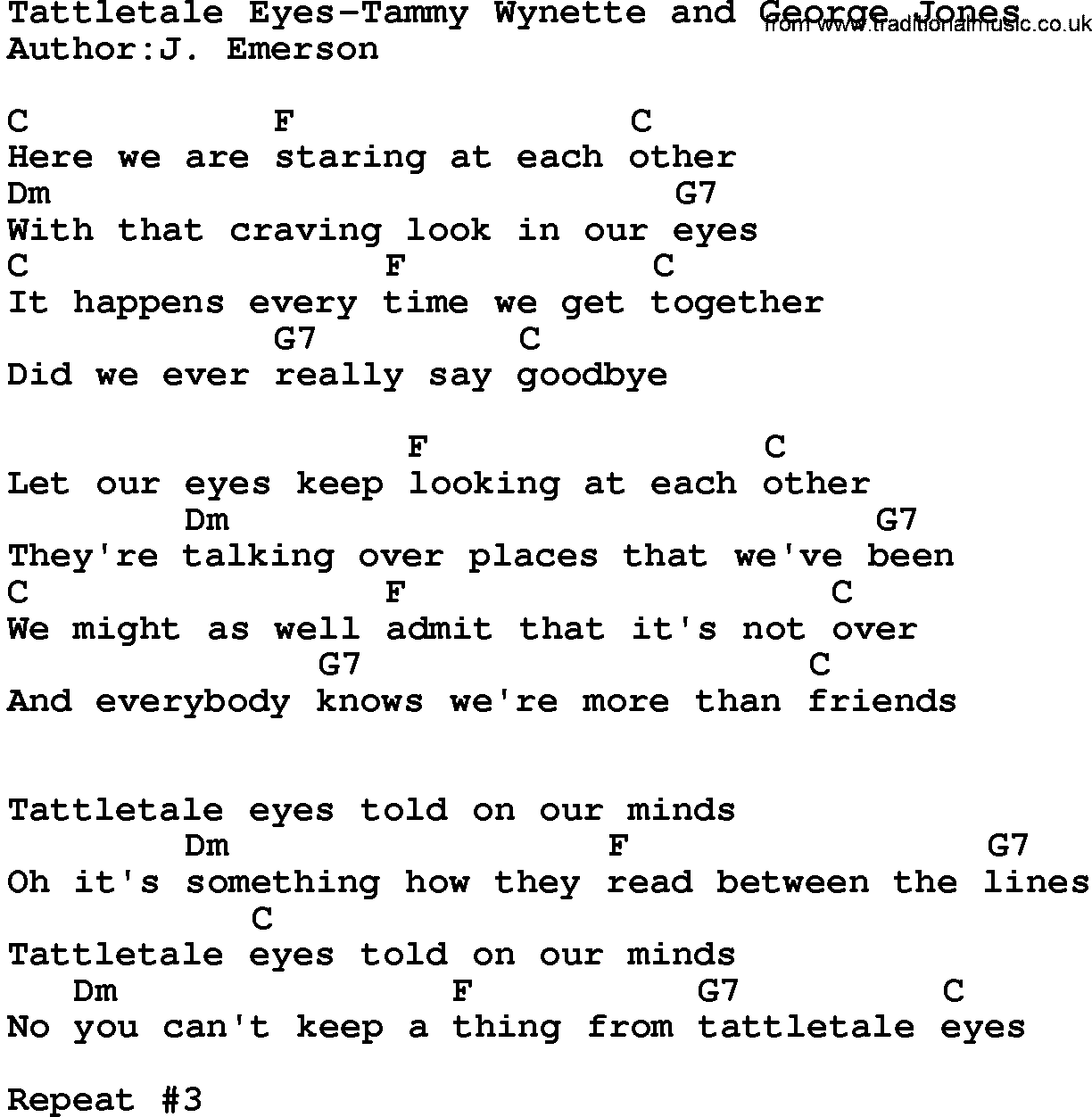 Country music song: Tattletale Eyes-Tammy Wynette And George Jones lyrics and chords