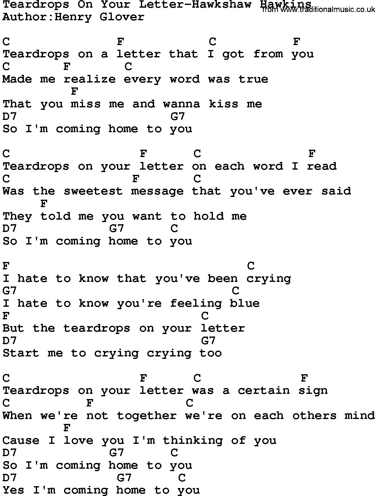 Country music song: Teardrops On Your Letter-Hawkshaw Hawkins lyrics and chords