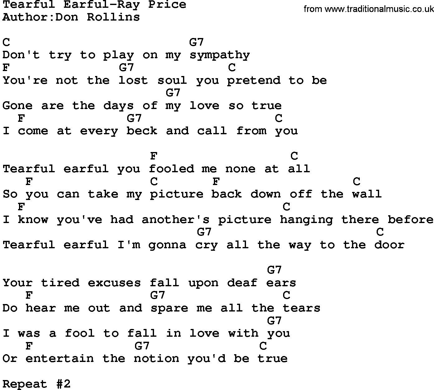 Country music song: Tearful Earful-Ray Price lyrics and chords