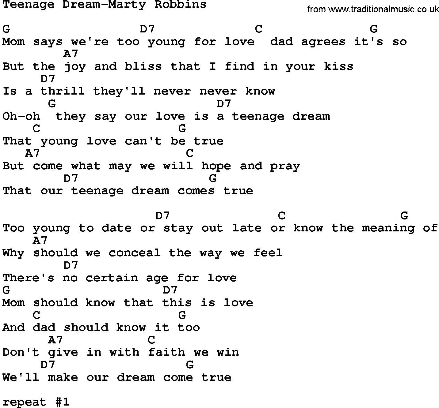 Country music song: Teenage Dream-Marty Robbins lyrics and chords