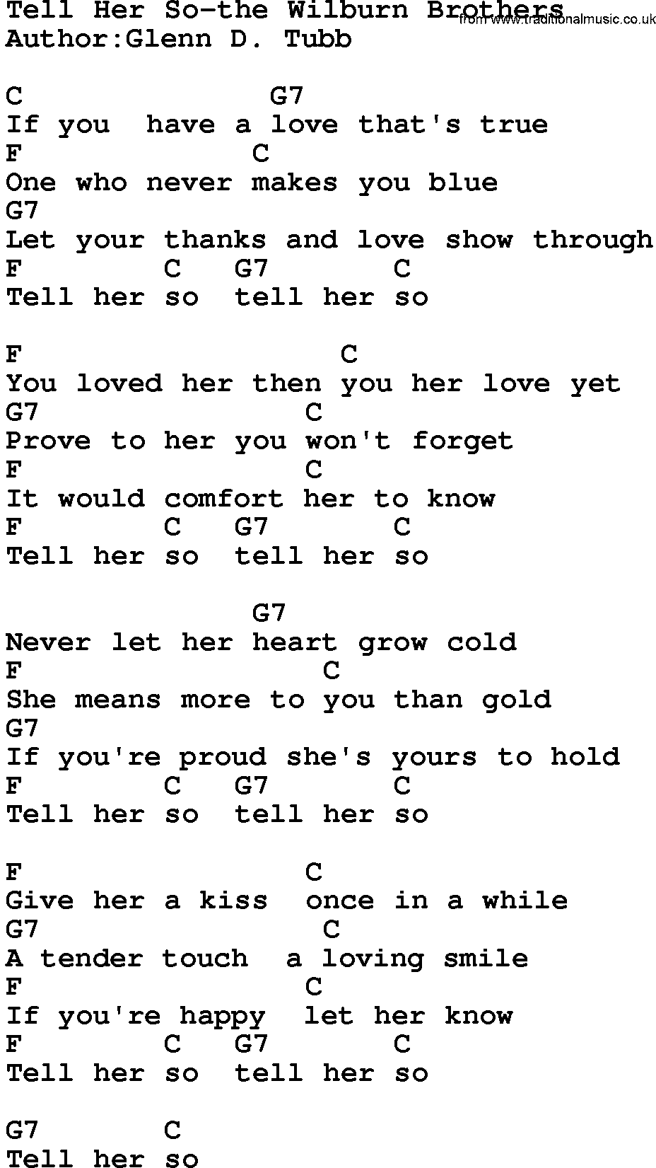 Country music song: Tell Her So-The Wilburn Brothers lyrics and chords