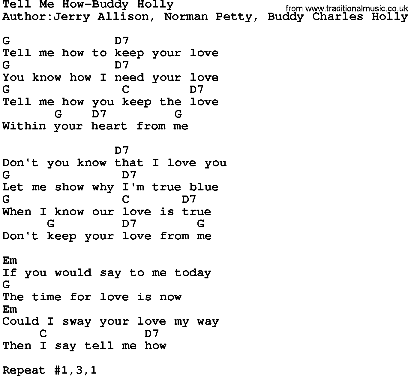 Country music song: Tell Me How-Buddy Holly lyrics and chords