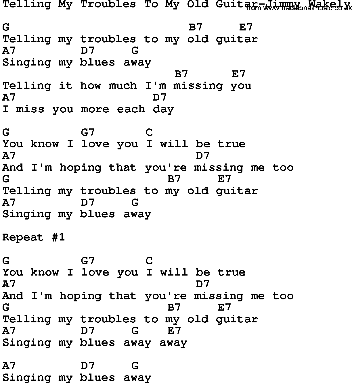 Country music song: Telling My Troubles To My Old Guitar-Jimmy Wakely lyrics and chords