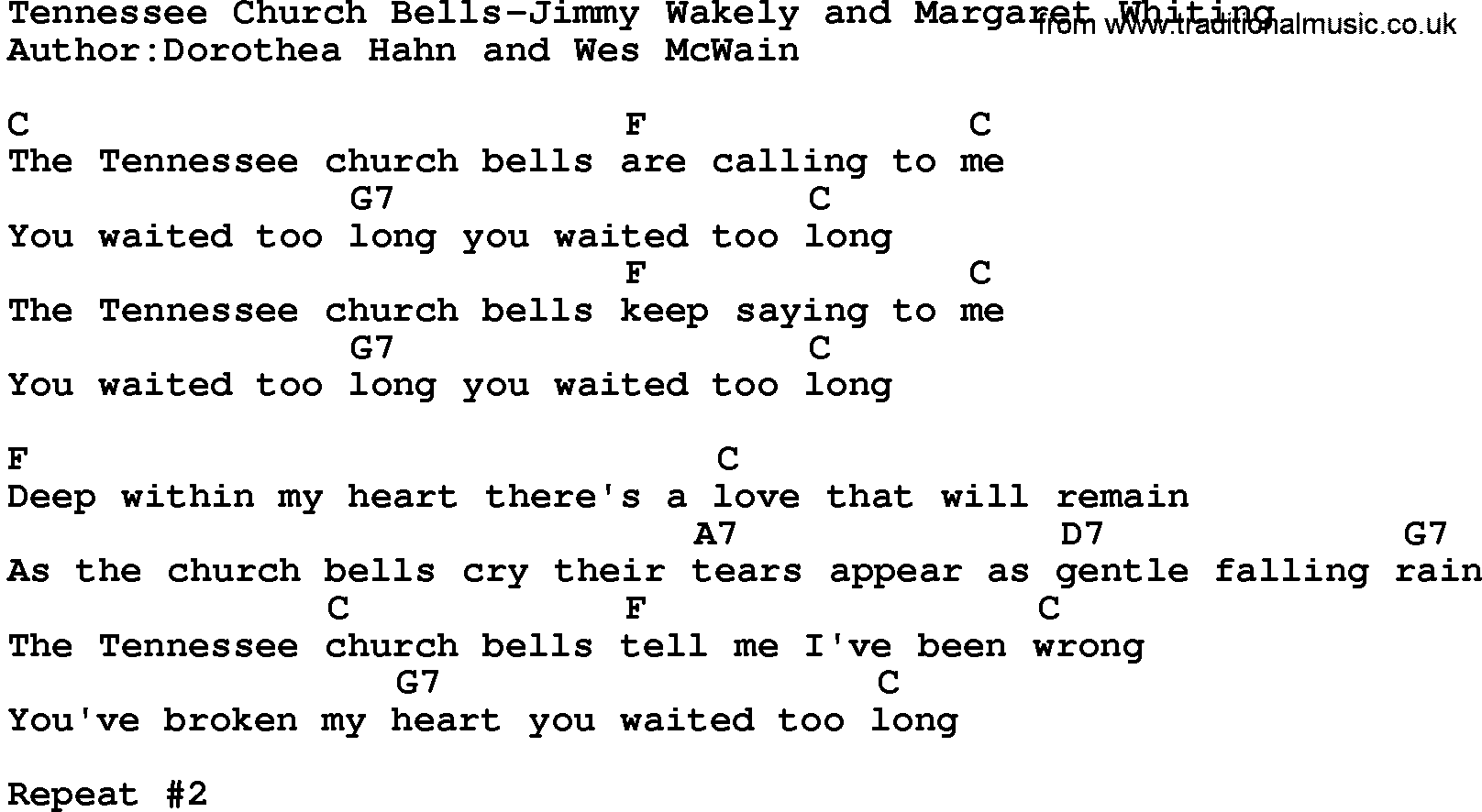 Country music song: Tennessee Church Bells-Jimmy Wakely And Margaret Whiting lyrics and chords