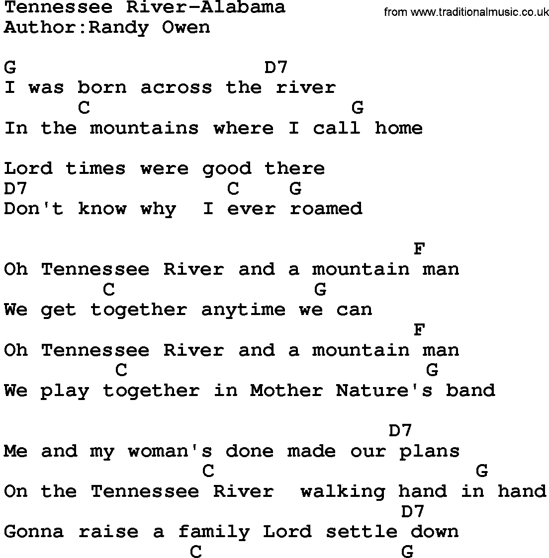 Country music song: Tennessee River-Alabama lyrics and chords