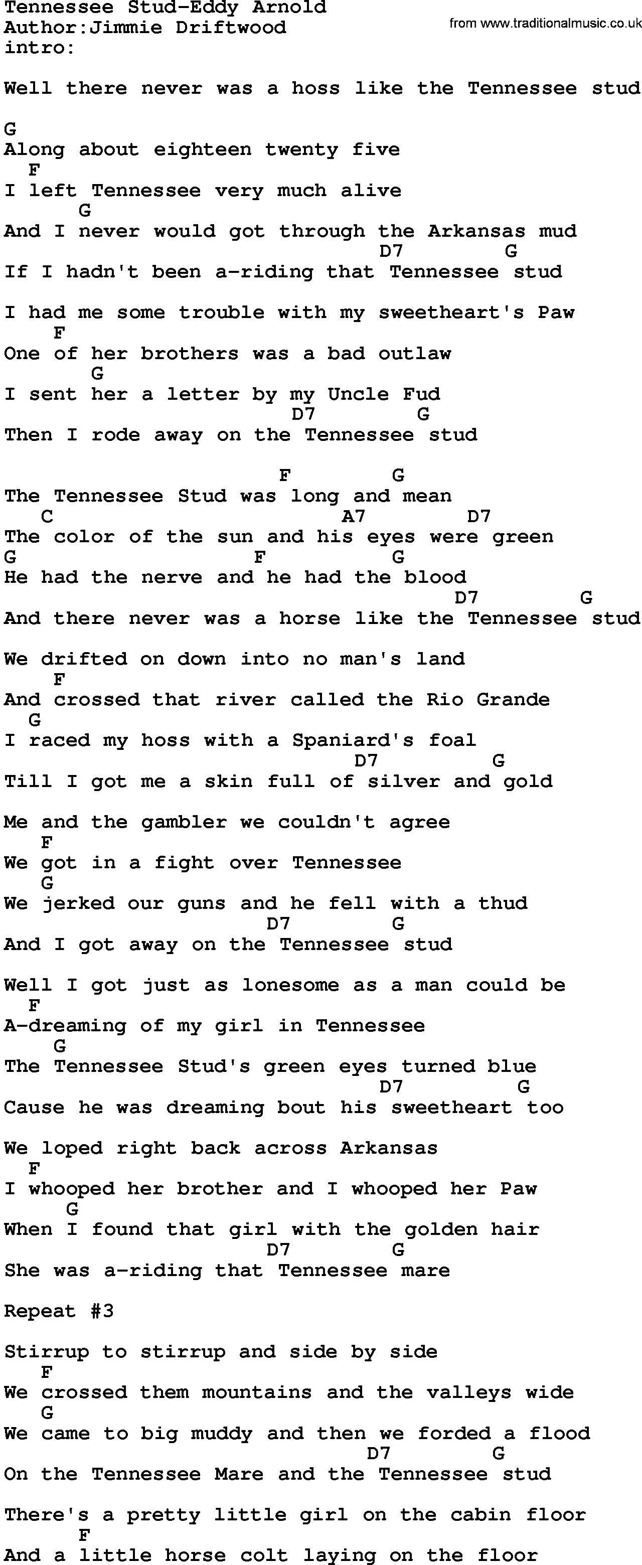 Country music song: Tennessee Stud-Eddy Arnold lyrics and chords