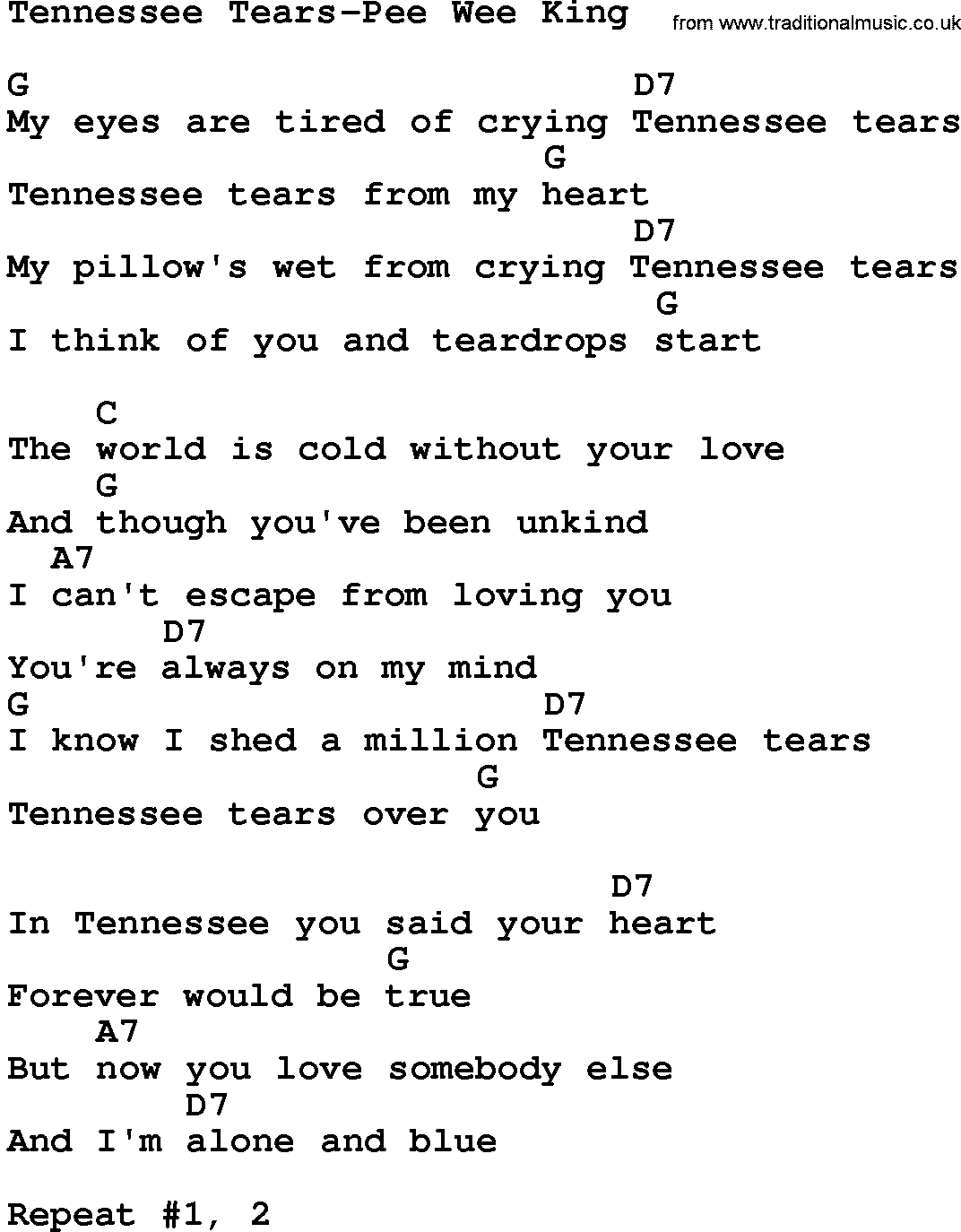 Country music song: Tennessee Tears-Pee Wee King lyrics and chords