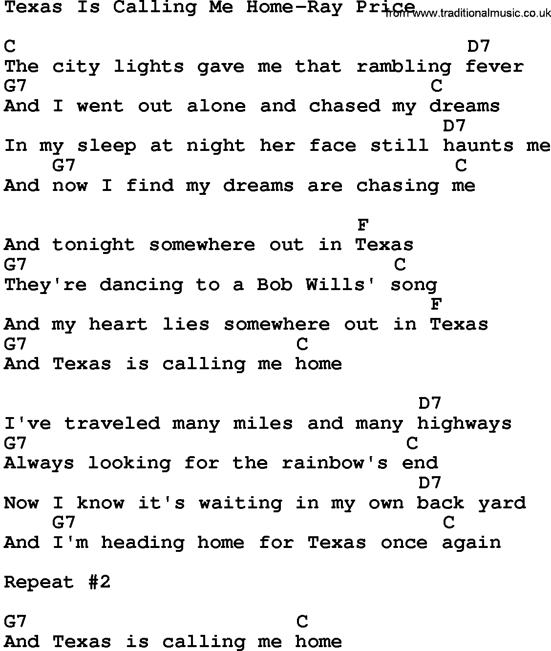 Country music song: Texas Is Calling Me Home-Ray Price lyrics and chords