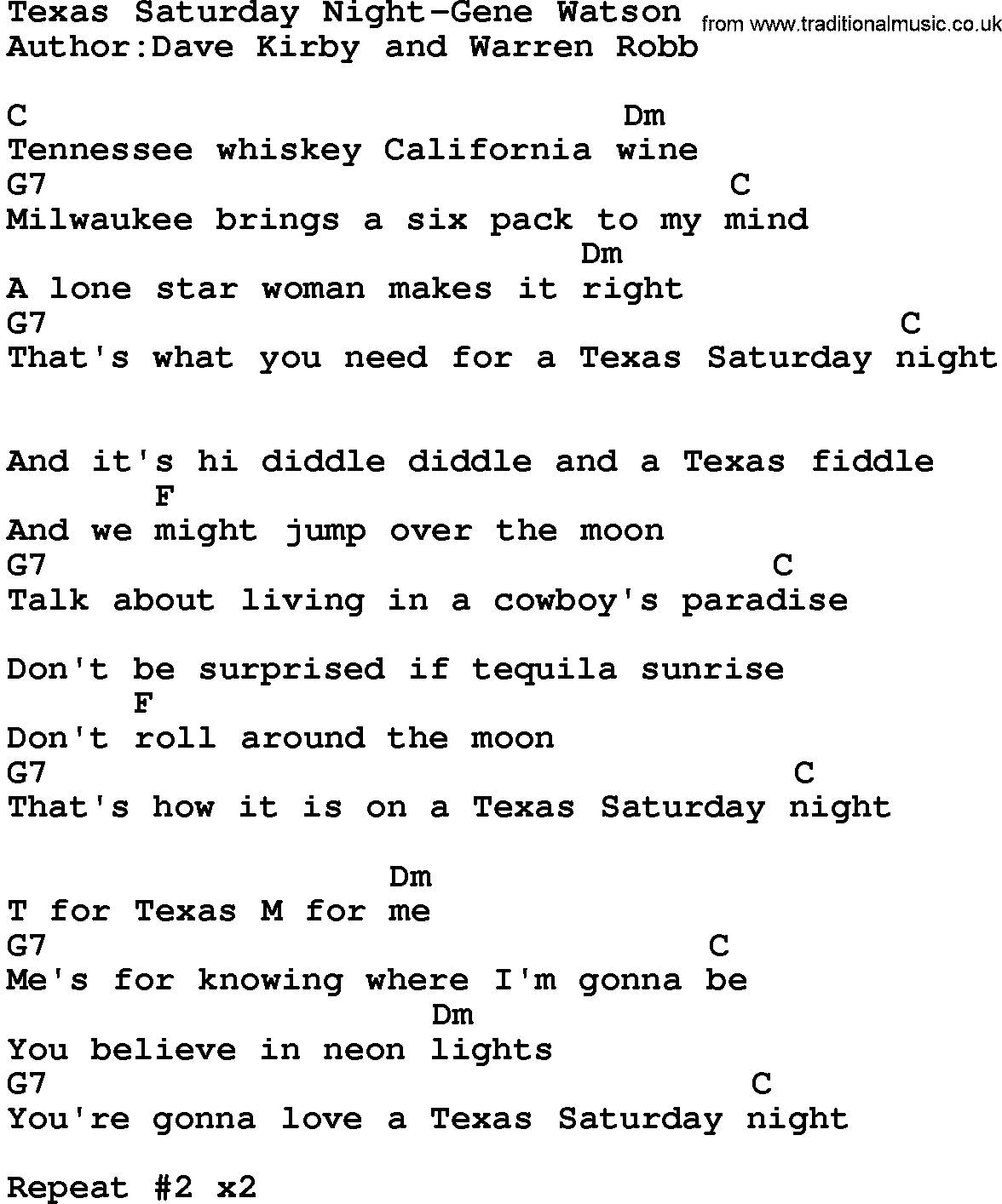 Country music song: Texas Saturday Night-Gene Watson lyrics and chords