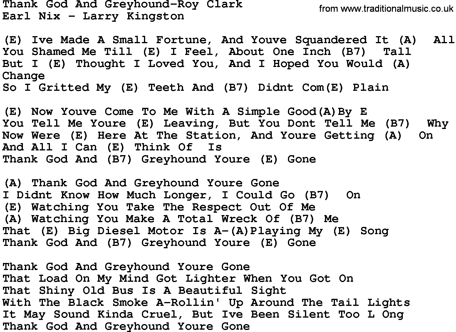 Country music song: Thank God And Greyhound-Roy Clark lyrics and chords