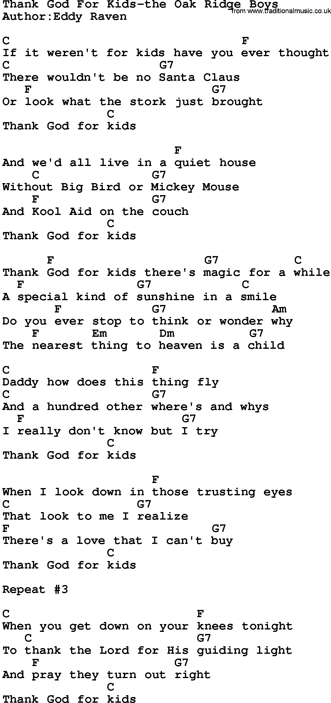 Country music song: Thank God For Kids-The Oak Ridge Boys lyrics and chords
