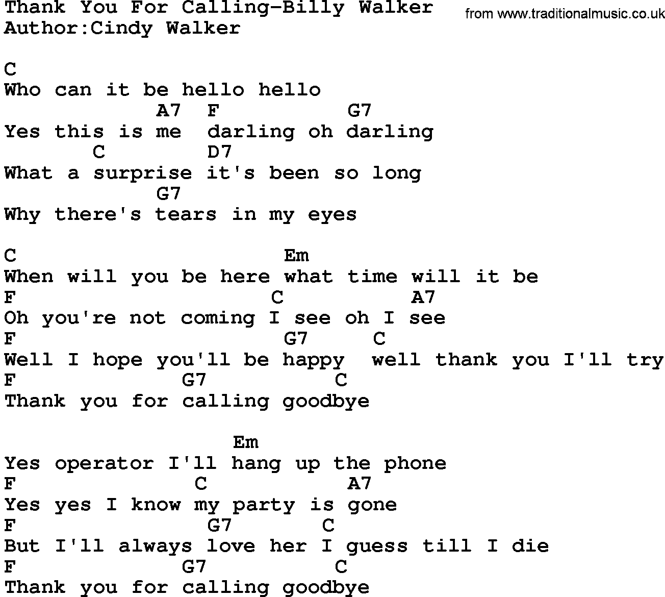 Country music song: Thank You For Calling-Billy Walker lyrics and chords